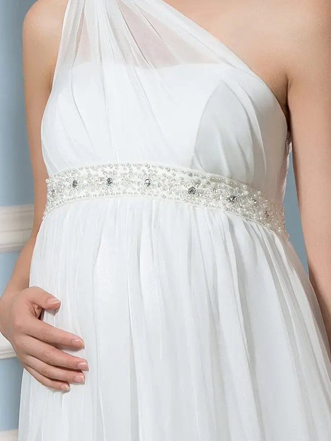 Elegant One Shoulder ชีฟองงานแต่งงานชุดสำหรับตั้งครรภ์ Empire ง่ายลูกปัด Sash Grecian Gowns เจ้าสาว Robe De Mariage