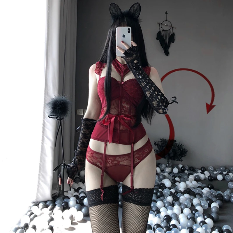 New 2023 Gothic Anime Lace Underwear for Women Erotic Lingerie Halter Bustier Thigh-highs Garter Maid Cosplay Costumes Full Sets