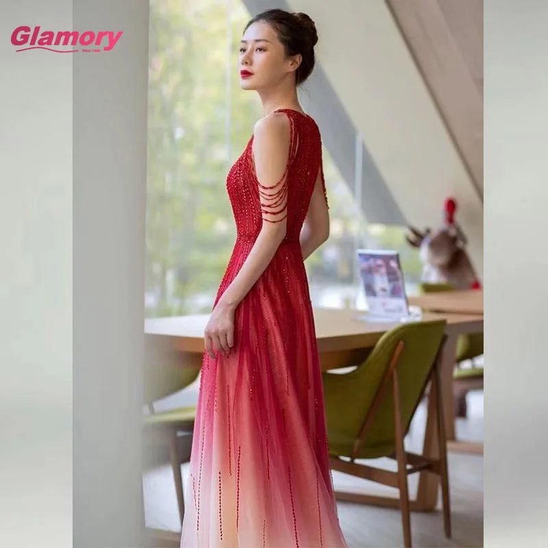 Gradient Red A Line Sleeveless Elegant Luxury Evening Dresses Beading Tassel Gowns For Women Party