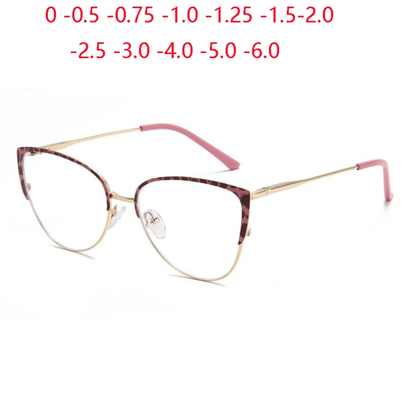 Blue Light Blocking Women Cat Eye Nearsighted Glasses Metal Leopard Frame  Short-sight Eyeglasses Diopter 0 -0.5 -0.75 To -6.0