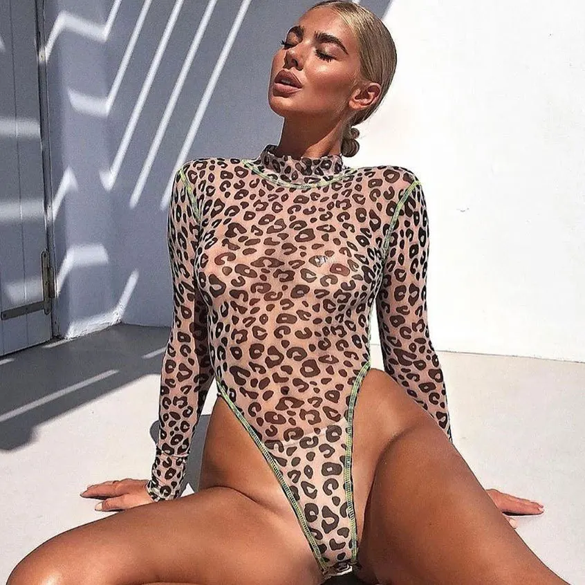 Neon Long Sleeve Leopard Bodysuit Turtleneck Romper Womens Jumpsuit 2019 Autumn Female Tops Slim Fashion Club Body  Body Suit