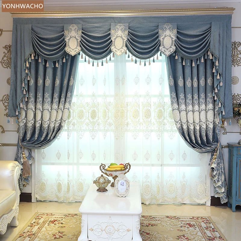 

Custom curtains American luxury bedroom Chenille embroidered water-soluble blue cloth blackout curtain valance tulle drape C864