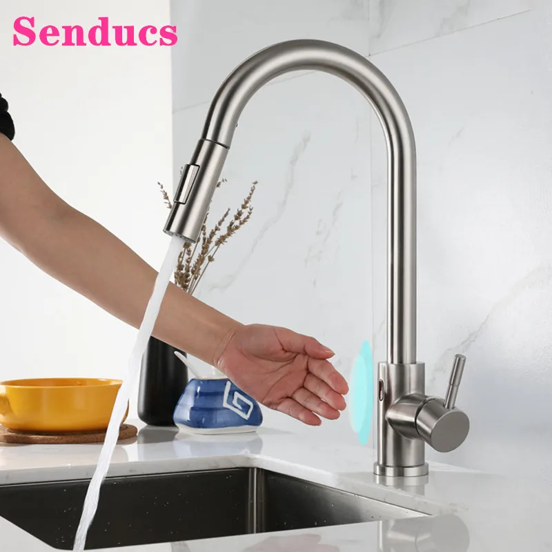 Sensor Kitchen Faucet Senducs Touchless Pull Out Kitchen Fauces 304 Stainless Steel Kitchen Mixer Tap Sensor Kitchen Faucets