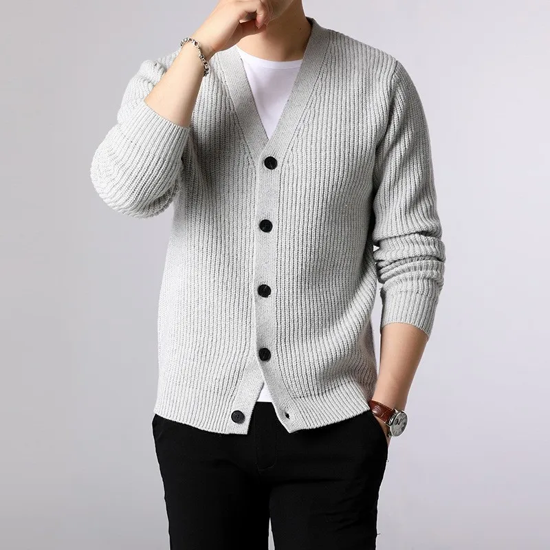 Mens V คอเดี่ยว Breasted เสื้อสเวตเตอร์ถักแขนยาวสบายๆถัก Outwear เสื้อสี SLIM FIT Man เสื้อถัก TOP cardigans