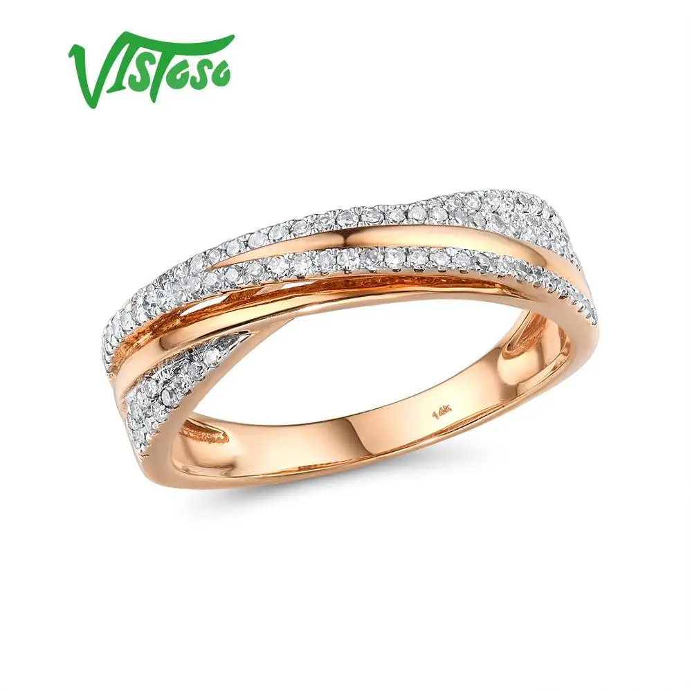 VISTOSO Genuine 14K 585 Rose Gold Chic Rings For Lady Sparkling Diamond Engagement Anniversary Simple Style Eternal Fine Jewelry