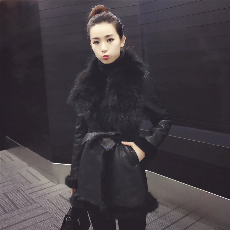 2020 Winter Women Washed Pu Leather Jackets Female Warm Thick Natual Fox Fur Coats Motorcycle Jacket Abrigos Mujer 1998