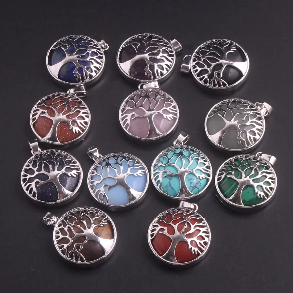 24PCS 27*27mm Agates Natural Stone Pendants Tree of Life Energy Pendant Necklace Pendulum For Girls Women Gift Jewelry Making