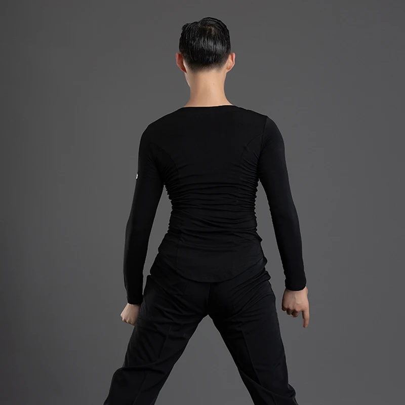 Soft Ballroom Dance Tops Men Stage Costume Salsa Dance Wear Black Latin Practice Wear Long Sleeve Modern Dancer Outfit JL3706