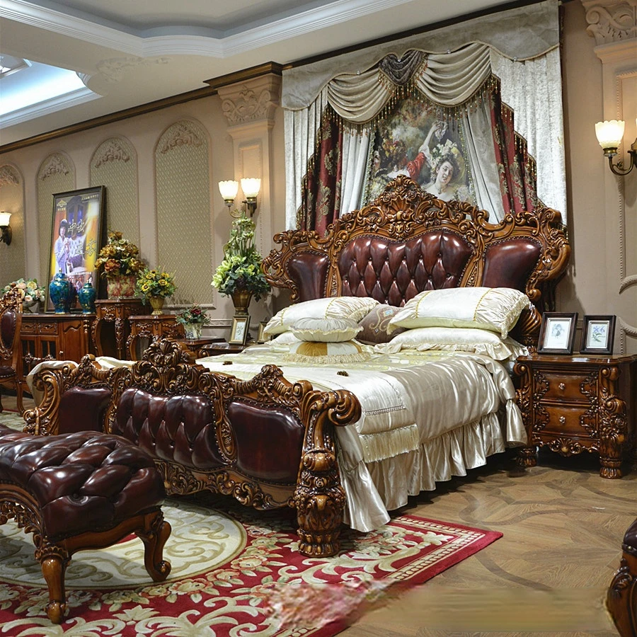 European solid wood carved double queen bed villa master bedroom American luxury wedding bed