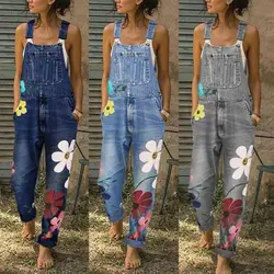 Women Boho Floral Denim Dungarees Jumpsuit Overalls Casual Jeans Rompers Pants Fashion Commuting Jumpsuit Pants