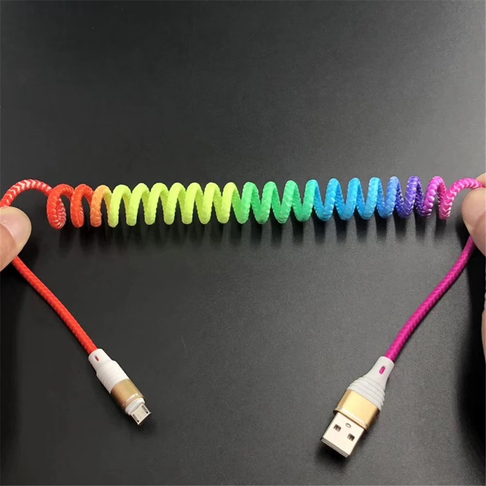 Spring Cable Retractable 2.4A Fast Charging Cables Data Cable Type C Micro USB Flexible Elastic Stretch Charger Cable