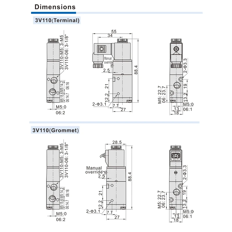 3V110-06 3V110-06-NO Solenoid Air Valve 3 Poort 2 Positie 1/8 "Normaal Gesloten Valvula Neumatico, kleppen Pneumatica DC12V DC24V Ac