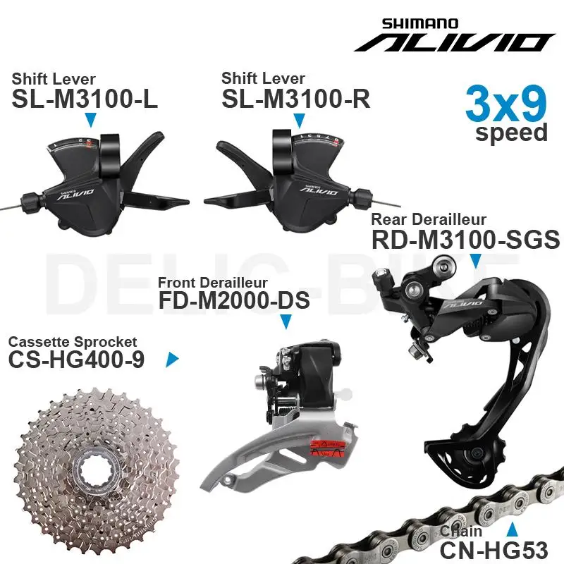 SHIMANO ALIVIO M3100 3x9v Groupset with 3x9 speed Shifter REAR and M2000 Front  DERAILLEUR HG200 Cassette Sprocket COG Chains