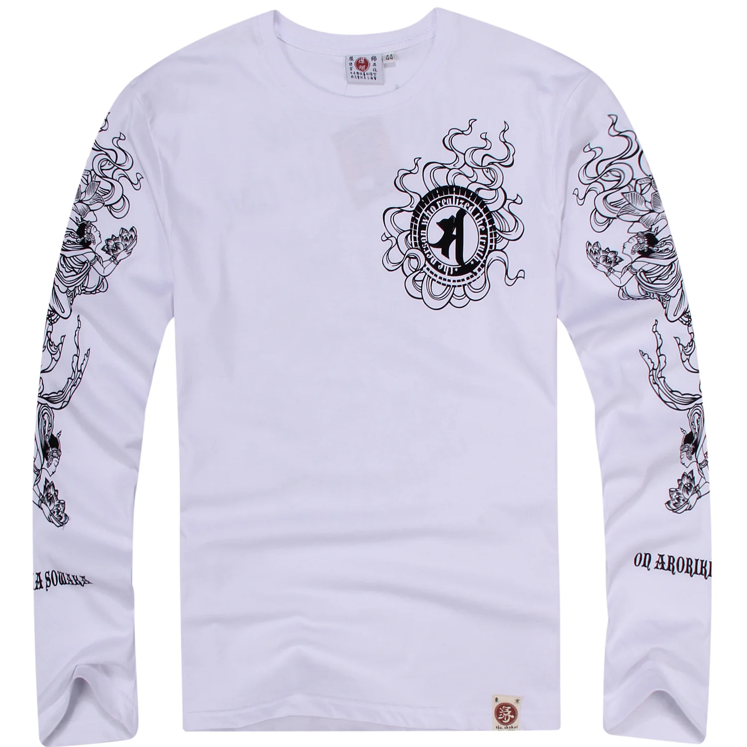 Tattoo Japanese Printing Cotton Long-Sleeved T Shirt Men's Sanskrit lotus Frescoes Pattern Tops Tee Shirts Wite M-4XL