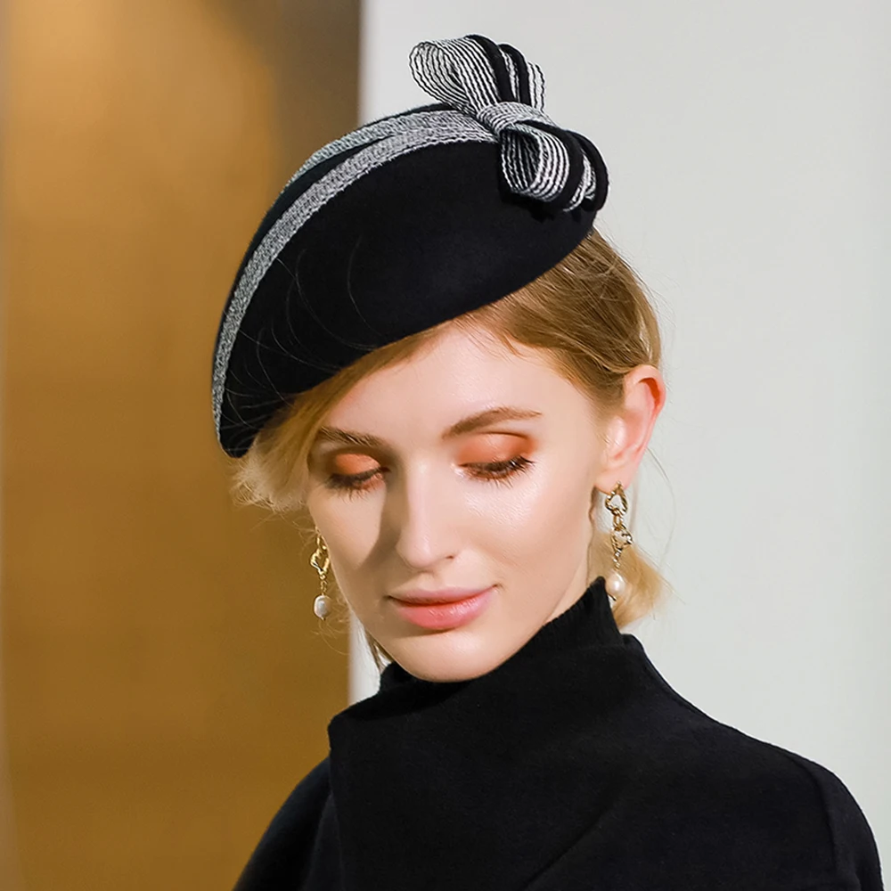 FS Fascinator Church Hats Women Elegant Black Wool Felt Pillbox Hat For Ladies Kentucky Derby Party Hats Fedora Bowknot 2023