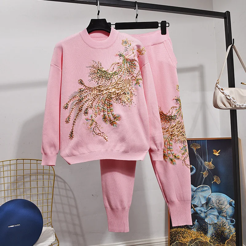 Beading Phoenix Embroidery Knitted Tracksuits Women 2pc Korean Fashion Loose Black Pink Red Knit Sweater Long Pants Set Female