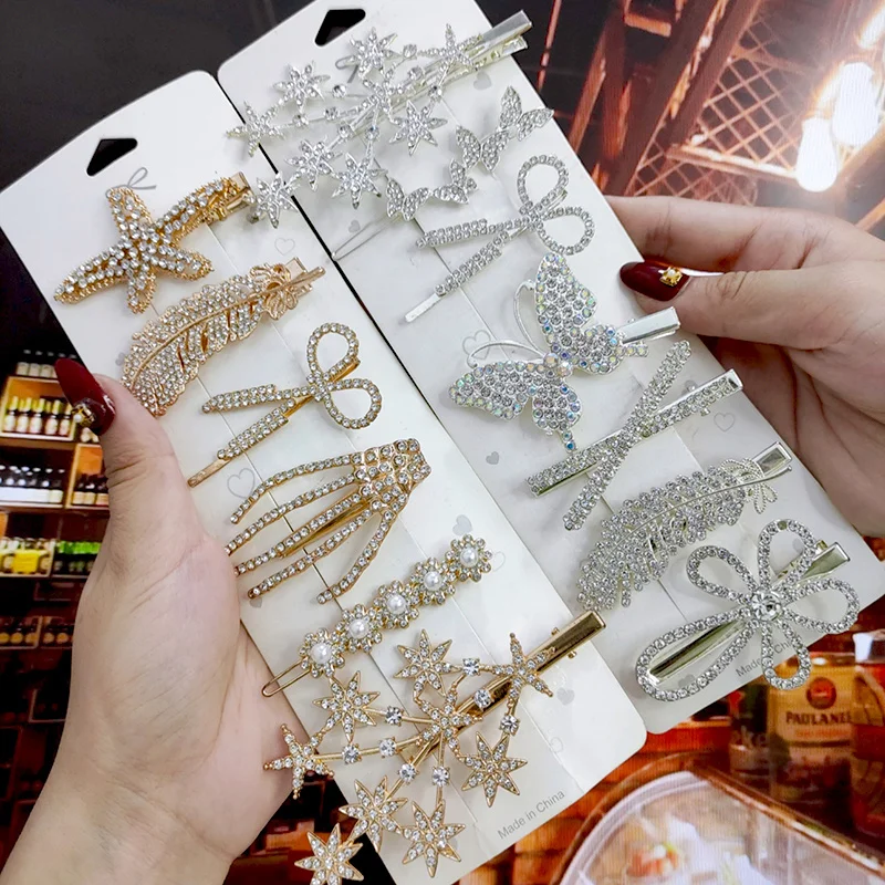2022 New Metal Hair Clips Set Vintage Feather Barrettes Crystal Pearl Hairpin For Women Headwear Fashion Hair Accessories