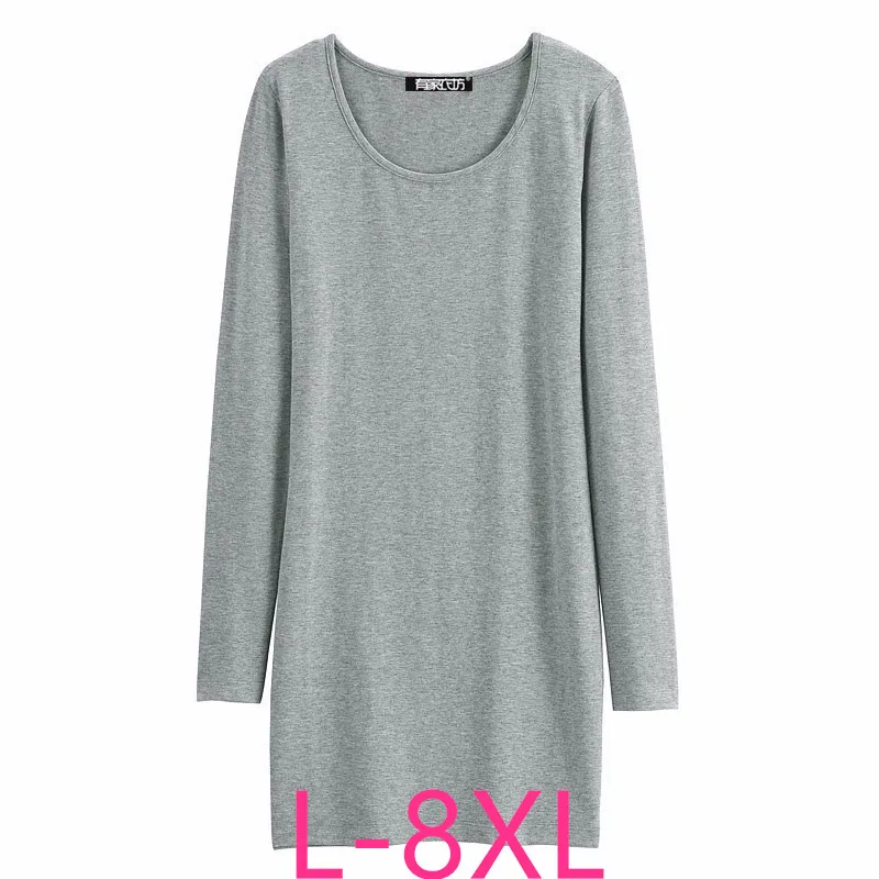 New Autumn Winter Plus Size Tops For Women Large Long Sleeve Loose Elastic Cotton O Neck Long T-shirt Gray 4XL 5XL 6XL 7XL 8XL