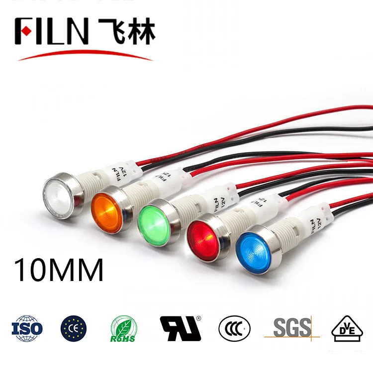 FILN 10 millimetri 12v 24v 220v 110v rosso segnale indicatore della lampada della luce con Vari di Lunghezza per acqua di caldaia