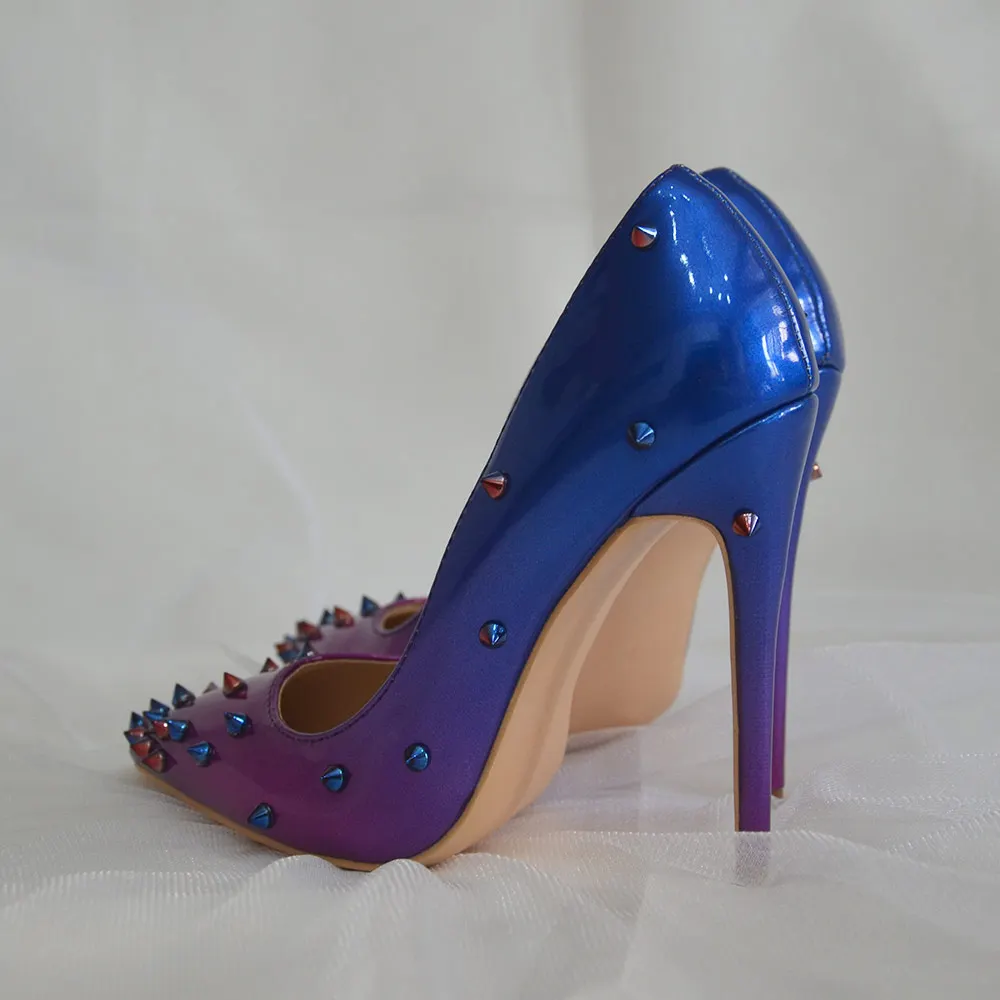 Veowalk Gradient Blue Purple Women Spikes Stilettos High Heels Sexy Pointy Toe High Heels Chic Ladies Rivets Club Party Shoes