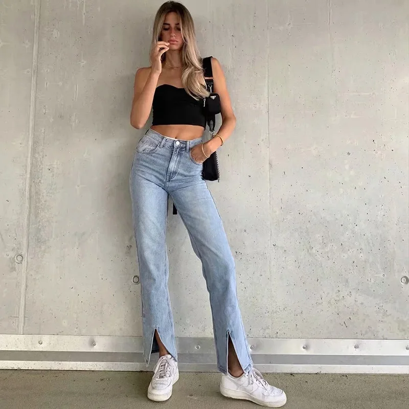 MosiMolly Vintage Blue Jeans Pants Women Split Floor Length Pants Women Denim Jeans Women Bottom Sprint New