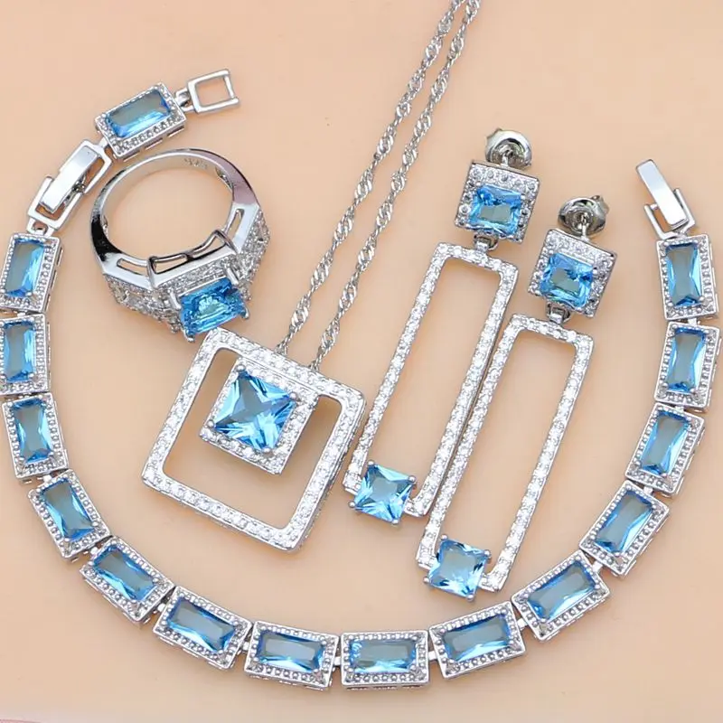 

925 Silver Birdal Dubai Jewelry Sets Hyperbole Blue Zircon Stone For Women Party Earrings/Pendant/Necklace/Rings