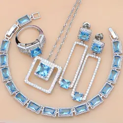 925 Silver Birdal Dubai Jewelry Sets Hyperbole Blue Zircon Stone For Women Party Earrings/Pendant/Necklace/Rings