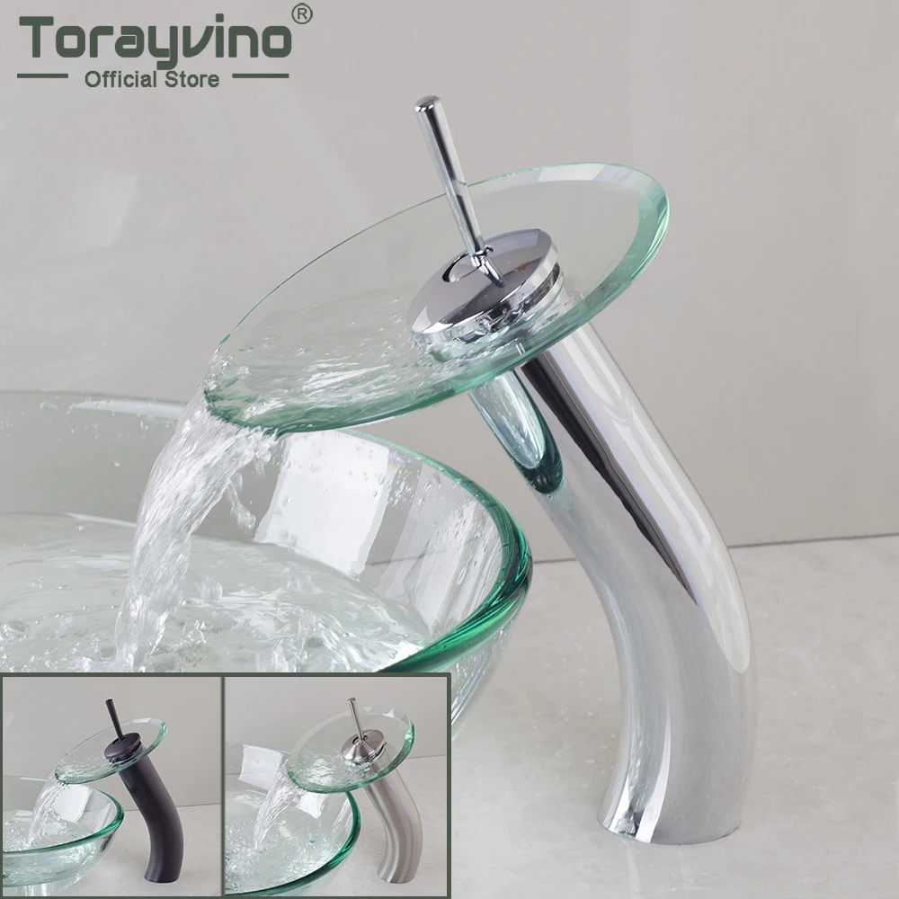 

Torayvino Tempered Glass Waterfall Deck Mounted Bathroom Faucet Basin Sink Single Handle Faucets Washbasin Hot & Cold Mixer Tap