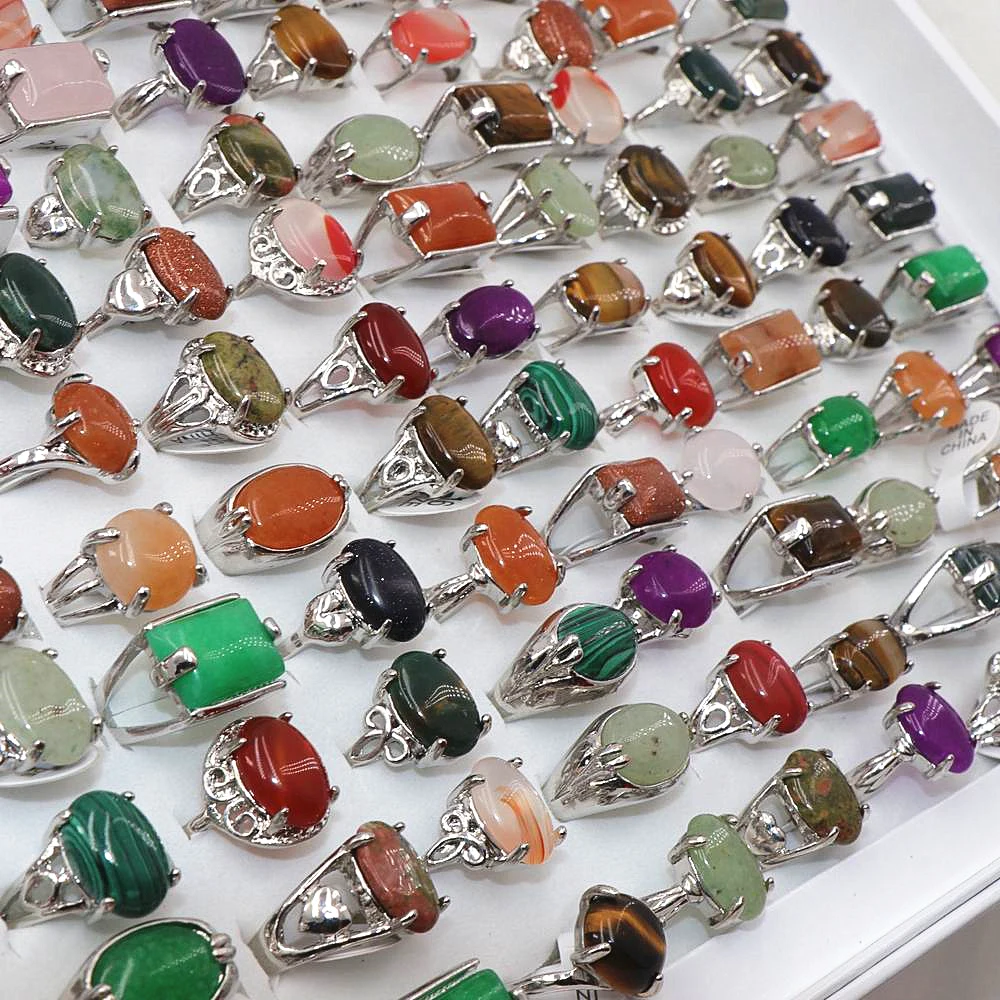 Wholesale 100 Pcs/lot Mix Random Color Style Nature Stone Alloy Rings Fashion Jewelry Women Party Wedding Ring In Display Box