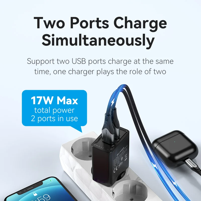 Vention Dual USB Charger EU Plug 3.4A Max Fast Charging Portable Phone Charger for iPhone Samsung Xiaomi Quick Charge 3.0 Charge