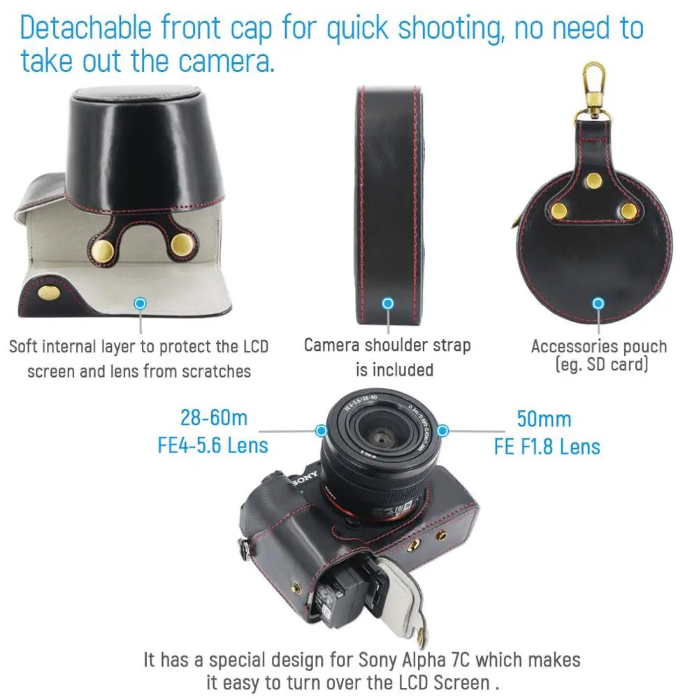 Da PU Kỹ Thuật Số Máy Ảnh Bỏ Túi Với Dây Đeo Cho Sony Alpha 7C A7C Với 28-60M FE4-5.6 / FE 50Mm F1.8 Ống Kính