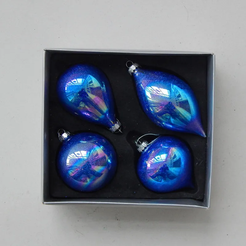 

12pcs/pack Pearl Lustre Blue Series Four Different Shaped Glass Pendant Home Decoration Christmas Day Tree Hanger Globe Handmade