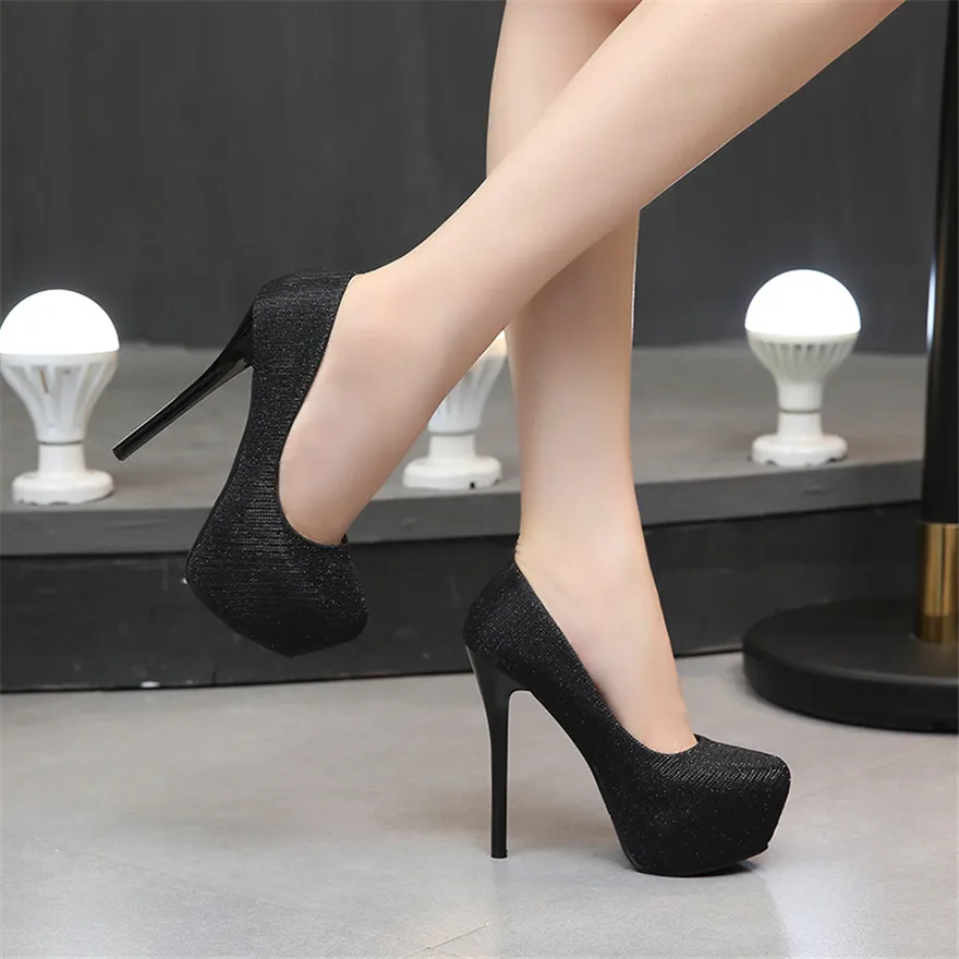 Silver Metal Heel Platform Pumps Women Shallow Sexy Sequined Cloth Super High Heels 14CM Round Toe Ladies Party Prom Shoes 2024