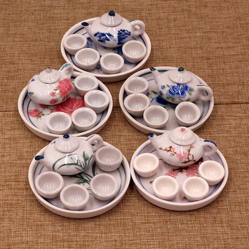 Mini Kung Fu Tea Set Suits=1Teapot+1Tea Tray +4 Cups Chinese Style Dollhouse Miniature Doll Living Room  Accessories Random Sty