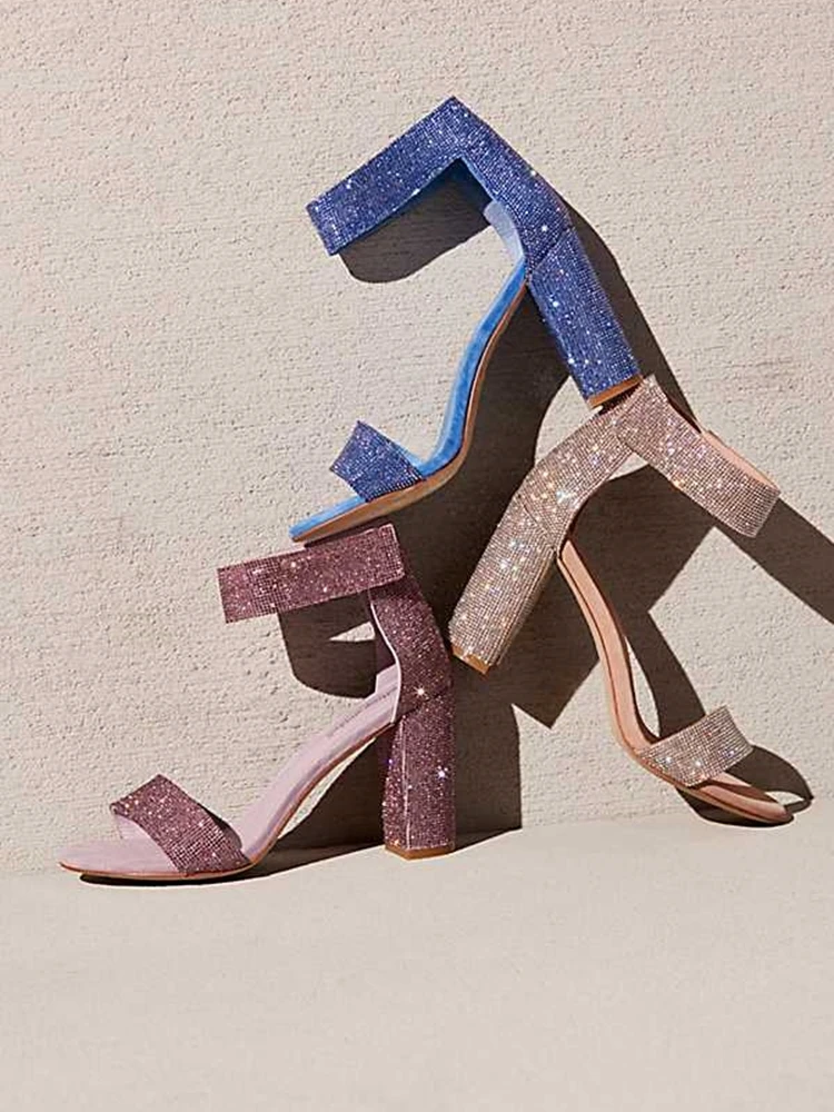 

Sequined Sandals Solid Concise Square Heel Fashion One Strap Cut Out Hook Celebrity Female Shoes Chunky Heel Glitter Footwear