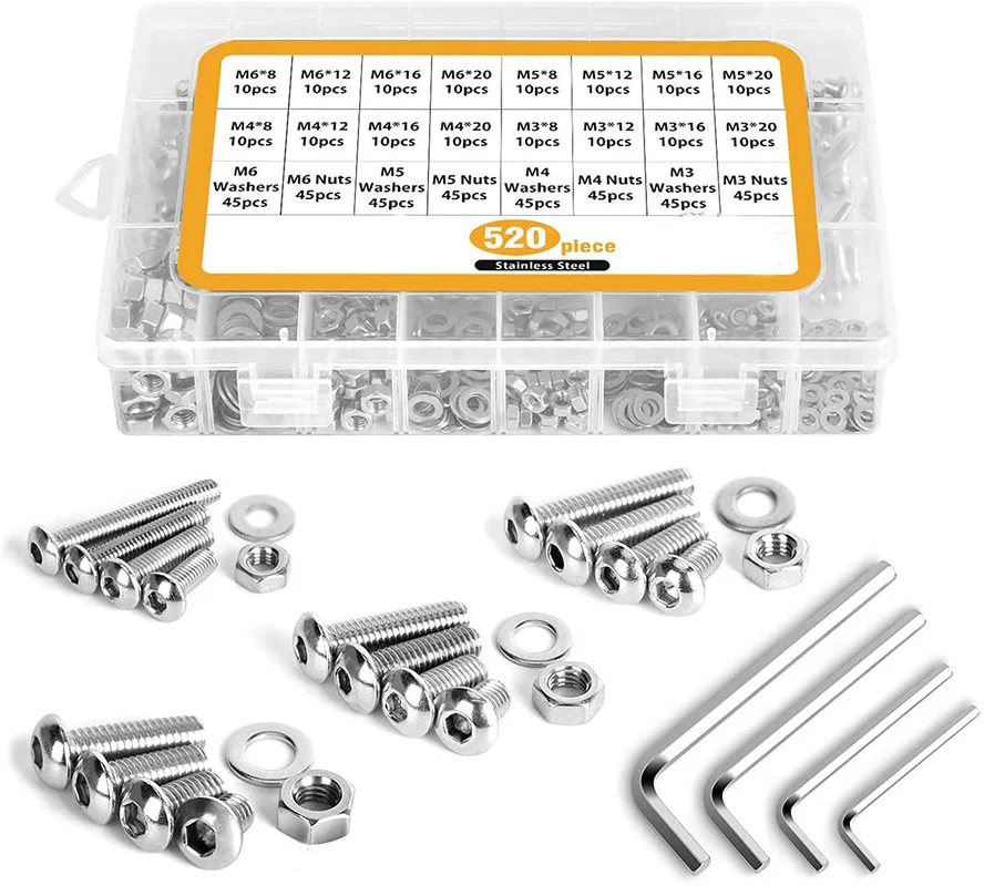 

520PCS M3 M4 M5 M6 Stainless Steel Hex Button Screws Bolts Nuts and Washers Assortment Kit with Storage Flat Case Box