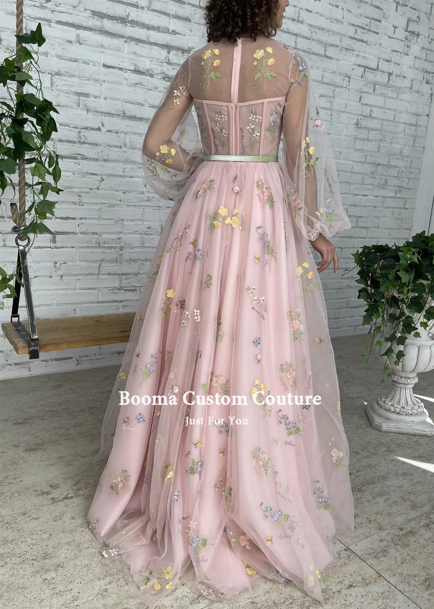 Booma Roze Borduren Lace Maxi Prom Jurken Lange Mouwen Sheer Hals Tulle Wedding Party Jurken 2021 A-lijn Formele Gowns