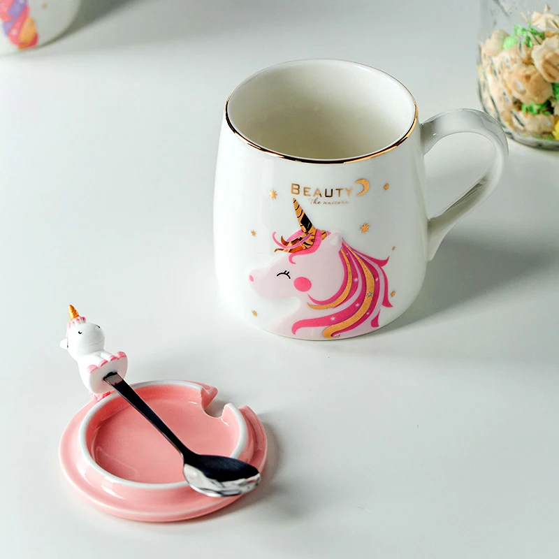 

400ML Unicorn Coffee Cups Ceramic Mugs With Lid Set Cute Cupshe Creative Breakfast Of Water Milk Drink Tea Ware Kawaii