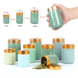 Mini Tea Ceramic Storage Jars Celadon Metal Lid Sealed Cylindrical Container for Storing Tea, Grains, Dry Goods, Candy, Etc.