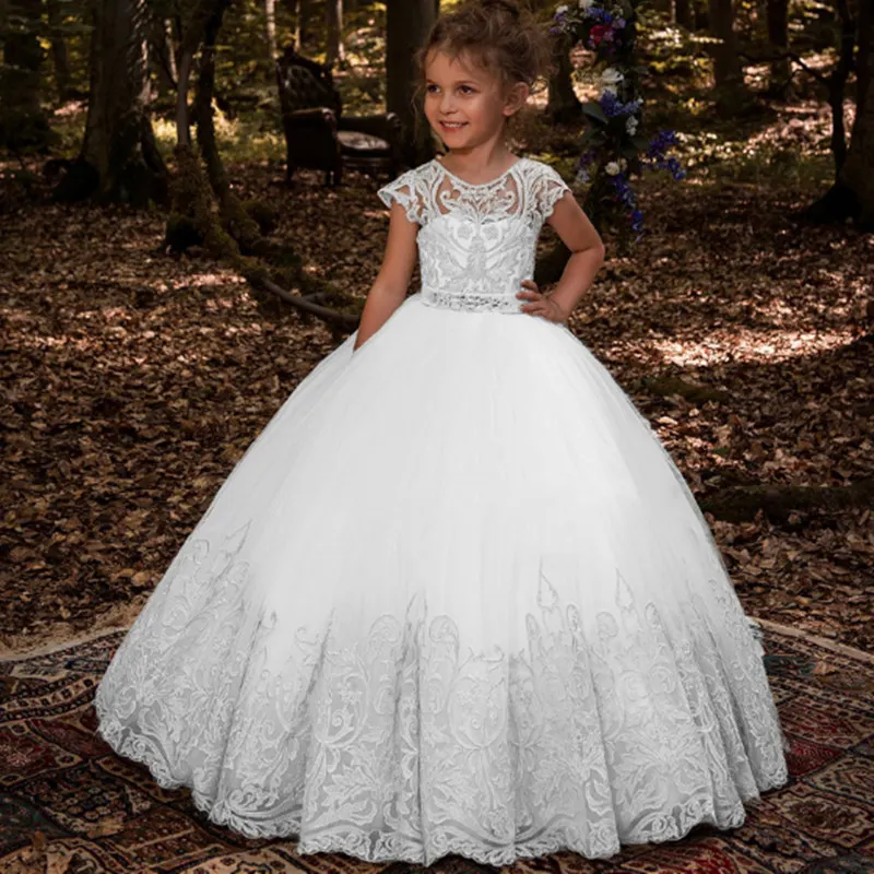 Elegant Flower Girl Dresses Lace Applique Half sleeve Tulle O-Neck Girls First Communion Dress For Ceremony Birthday Party Dress