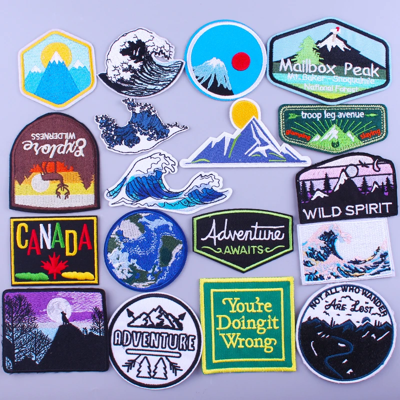 Wave Patches Outdoor Embroidery Patches For Clothing Mountain Adventure Iron On Patches For Clothes DIY Hook And Loop Stickers