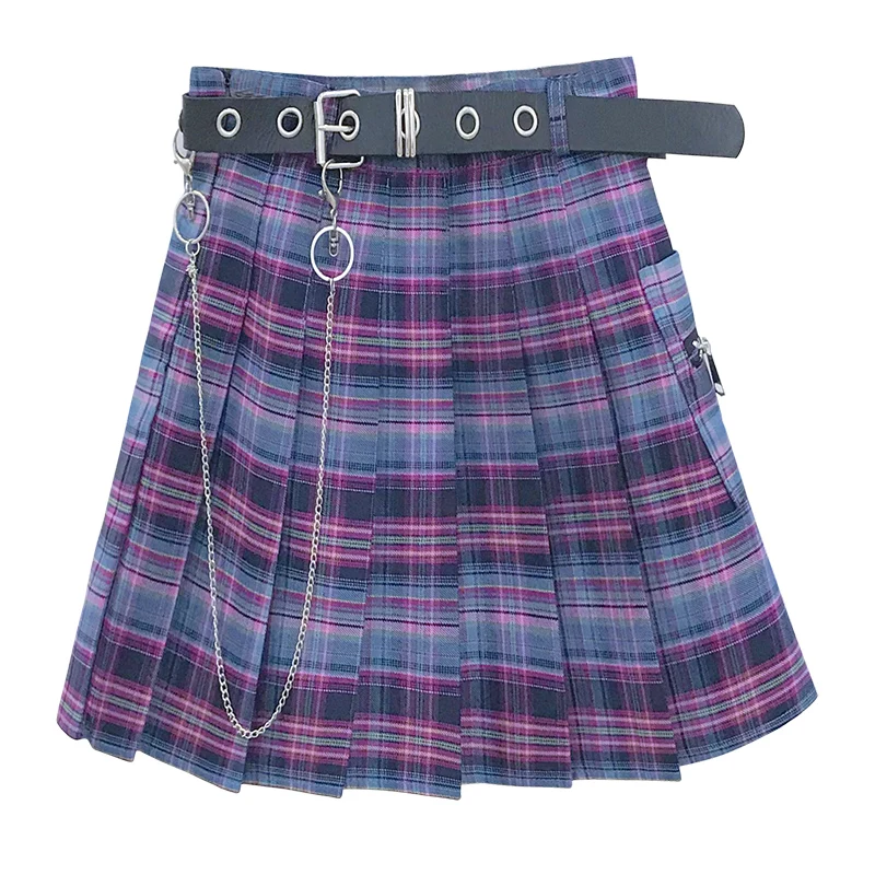 Women\'s Summer 2020 New High Waist Slimming Tooling Style Cool Chain Plaid a Pleated Short Skirt japanese school skirt