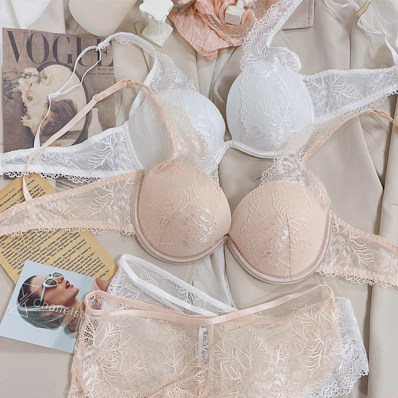 Lace underwear set water drop cup small chest gather not empty cup bra thin upper thick lower anti-sagging lingerie panty set