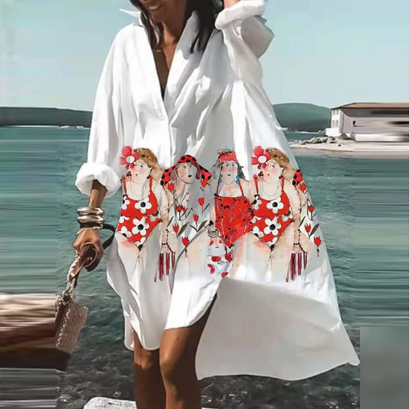 Plus Size Beach Shirt Dress Women Print V-neck Long Sleeve Loose Dress Bohemian Beach Party Vestidos Robe Sundress