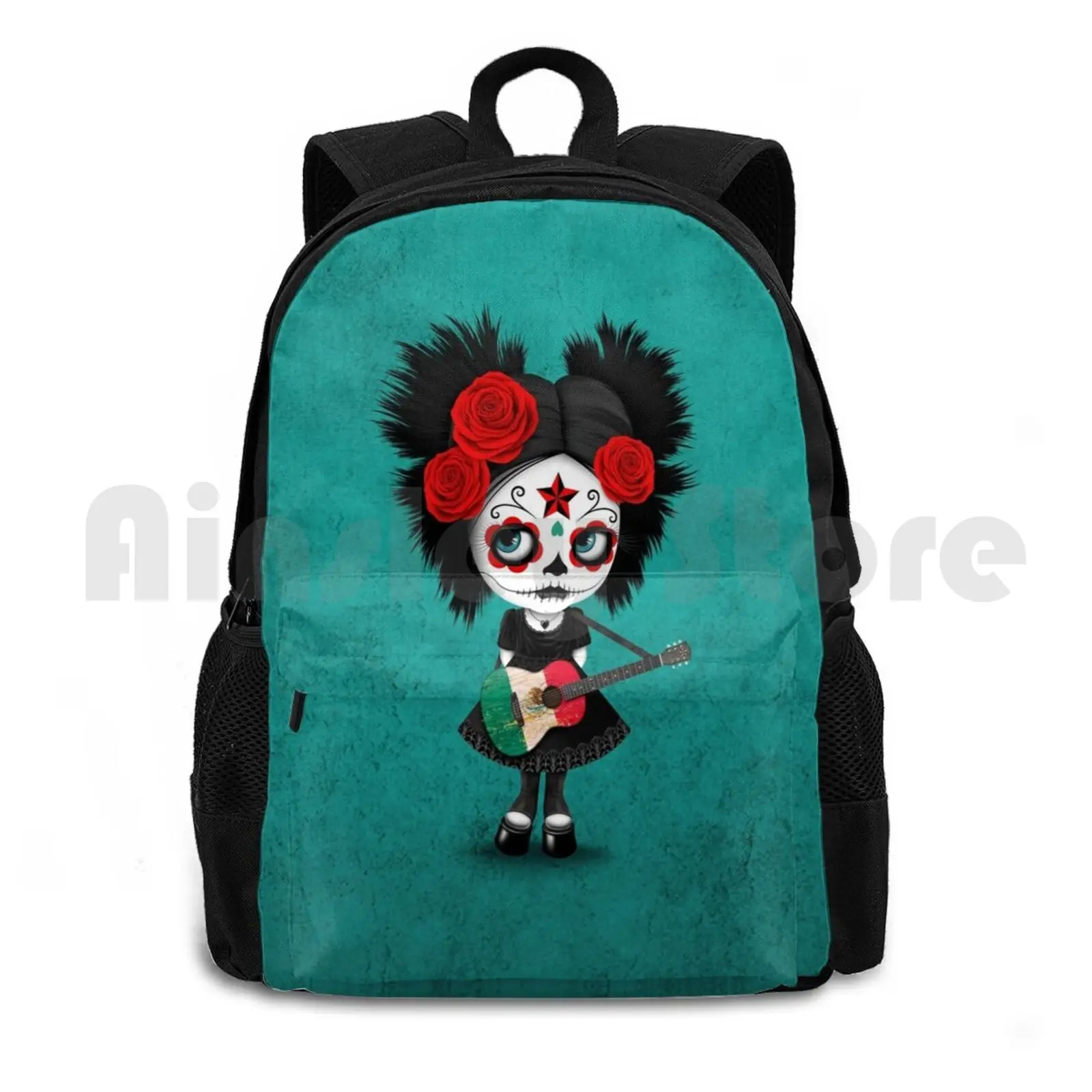 

Sugar Skull Girl Playing Mexican Flag Guitar Outdoor Hiking Backpack Riding Climbing Sports Bag Day Of The Dead Girl Mexican