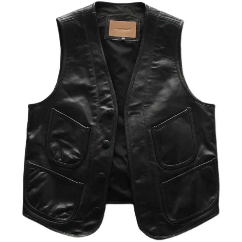 

Vintage Japanese Genuine Leather Vest Mens Black Western Cowboy Waistcoat Sheepskin Sleeveless Leather Jackets Motorcycle Vests