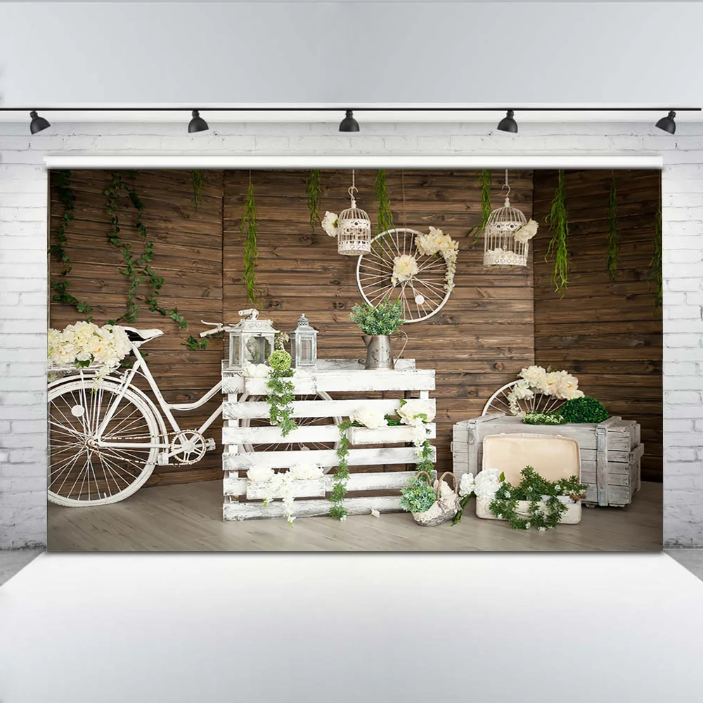 Wedding Bride Photography Backdrop Rustic Wooden Wall Background Flowers Spring White Wedding Banner Valentine's Day Backdrops