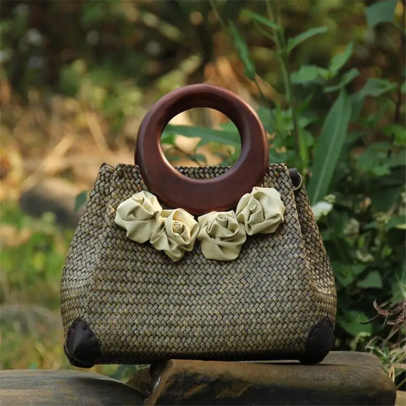 Sac à main en paille de Style thaïlandais, 32x21CM, sacoche à bandoulière en cuir PU de couleur Vintage avec fleurs faites à la main, a6105