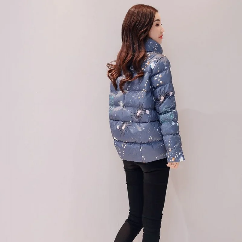 Print Winter Cotton Jacket Women Zipper Thick Warm Casual Black Short Coat Female Streetwear Sweet Stand Collar Down Jacket