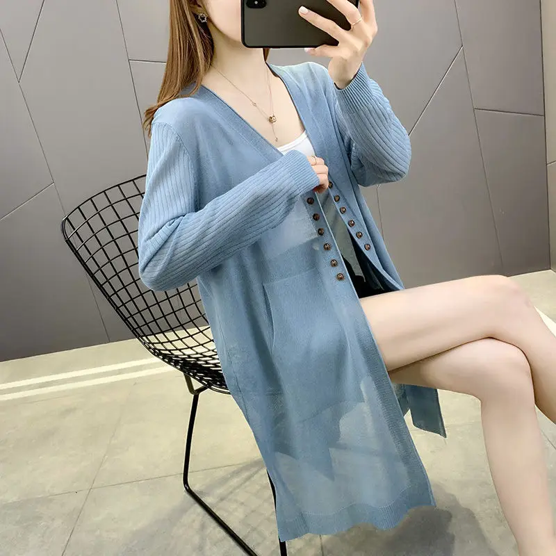 

Ice Silk Hollow Thin Knit Cardigan Jackets For Women Clothing 2023 New Long Shawl Coats Lady Summer Sunscreen Shirts aq1201